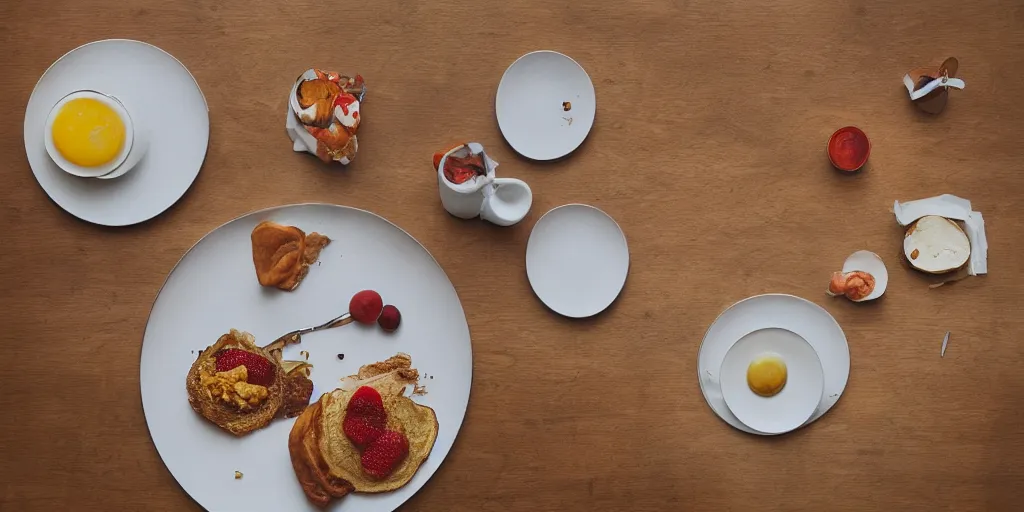 Prompt: Wolfgan Tillmans photograph of a breakfast table, still, photography, fine art photography