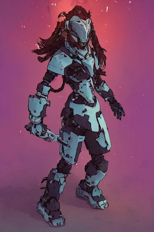 Image similar to combination suit armor aloy horizon forbidden west horizon zero dawn robot ninja mask helmet backpack tribal, art gta 5 comics, official fanart behance hd artstation by jesper ejsing, by rhads, makoto shinkai and lois van baarle, ilya kuvshinov, ossdraws radiating a glowing aura cgi rtx 2 0 2 2