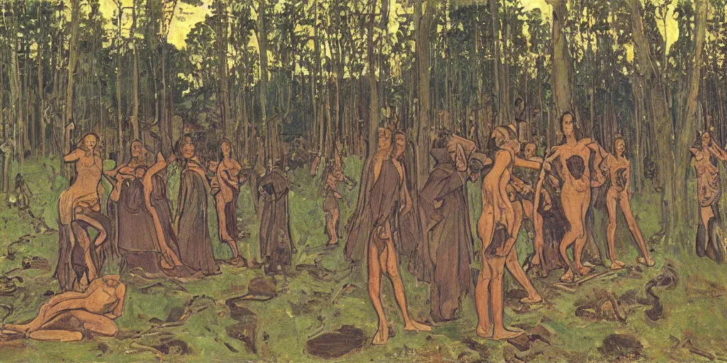 Image similar to oil painting huge spider with witches in forest by ferdinand hodler