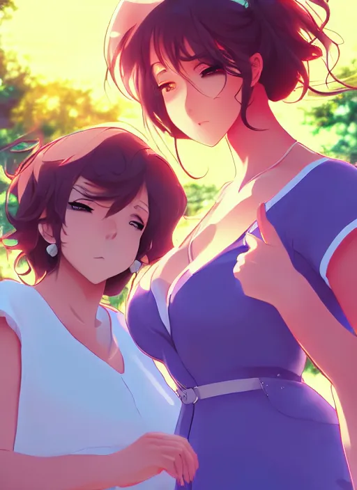 Image similar to two beautiful mothers outside on a hot summer evening, gorgeous faces, thick lines, cinematic lighting, detailed anime art