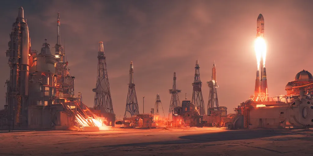 Image similar to futuristic steampunk rocket launch station, baikonur, stunning volumetric lighting, sundown, trending on Artstation, 8k, photorealistic, hyper detailed, unreal engine 5, cinematic, epic lighting, cryengine, octane render, cyberpunk, red and orange glow