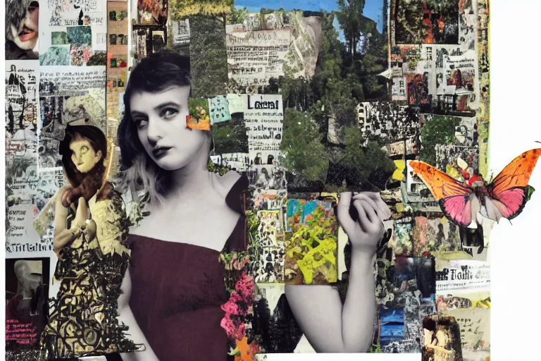 Image similar to a beautiful aesthetic!!! collage, rolling coherent! arcadia landscape, made in a magazine clipping collage style, cutout, clippings of a fashion magazine, made by a depressed art student