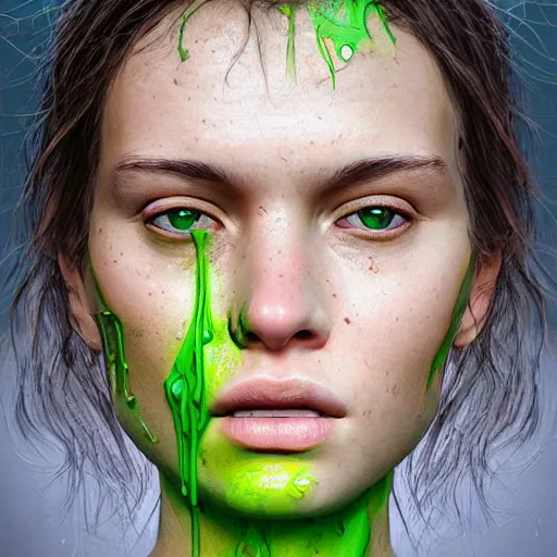 Image similar to face with green goo on it hyperrealistic portrait, photo realistic, poster, artstation, volumetric lighting, digital art, very detailed face by magali villeneuve