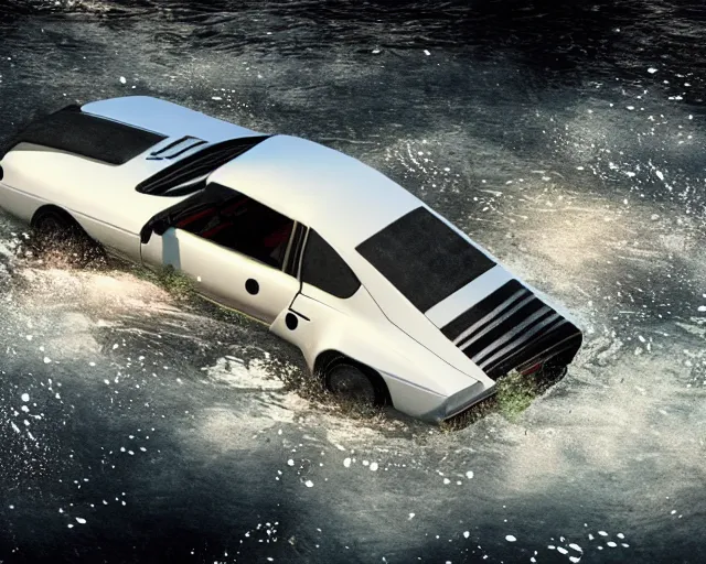 Image similar to white lotus esprit submerged under water, cinematic, photoreal, by red dead redemption 2