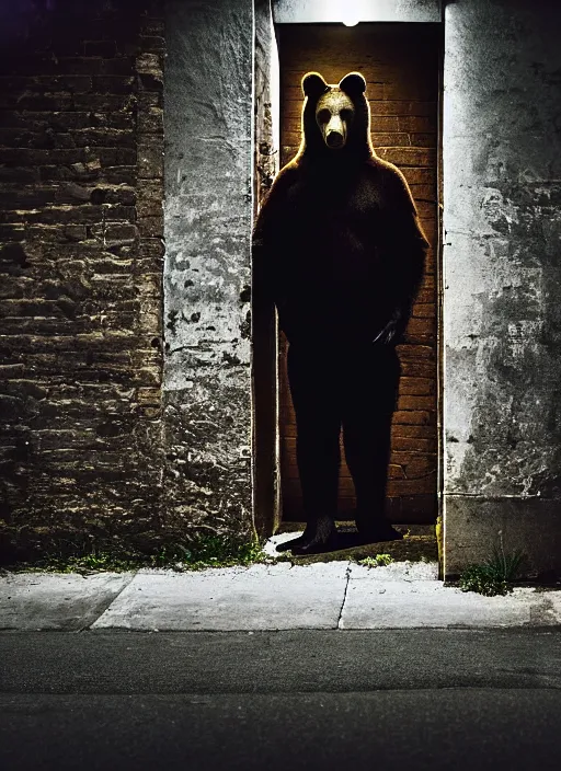 Image similar to bear man waiting in a dark alley, 8k resolution, high detail, reflections, post processing