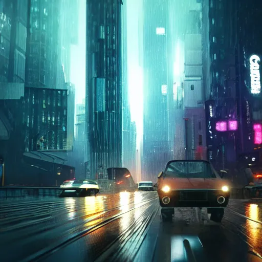 Prompt: city of the future, many skyscrapers, blade runner style, hyper-realistic, octane render, realistic, real, street, rain, animal wearing VR headset, cinematic, 8k, very intricate, 80's, night