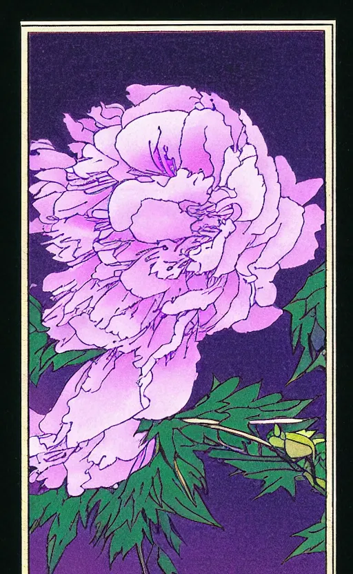 Prompt: by akio watanabe, manga art, light violet blue peony outside window, trading card front