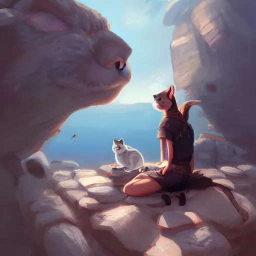 Prompt: a painting of a person sitting on a rock with a cat and a plane at the side, an ultrafine detailed painting by mandy jurgens, featured on deviantart, fantasy art, 2 d game art, ilya kuvshinov, steampunk