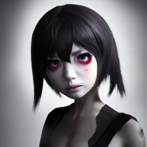 Prompt: photorealistic full shot portrait of angry darkness anime girl, inspired by tim burton, detailed, unreal engine 4 k, volumetric light, fog
