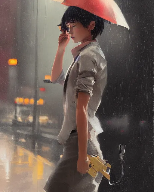 Prompt: A ultradetailed beautiful portrait panting of a stylish girl standing in the rain, she is holding a handgun ,side view, Oil painting, by Ilya Kuvshinov, Greg Rutkowski and Makoto Shinkai