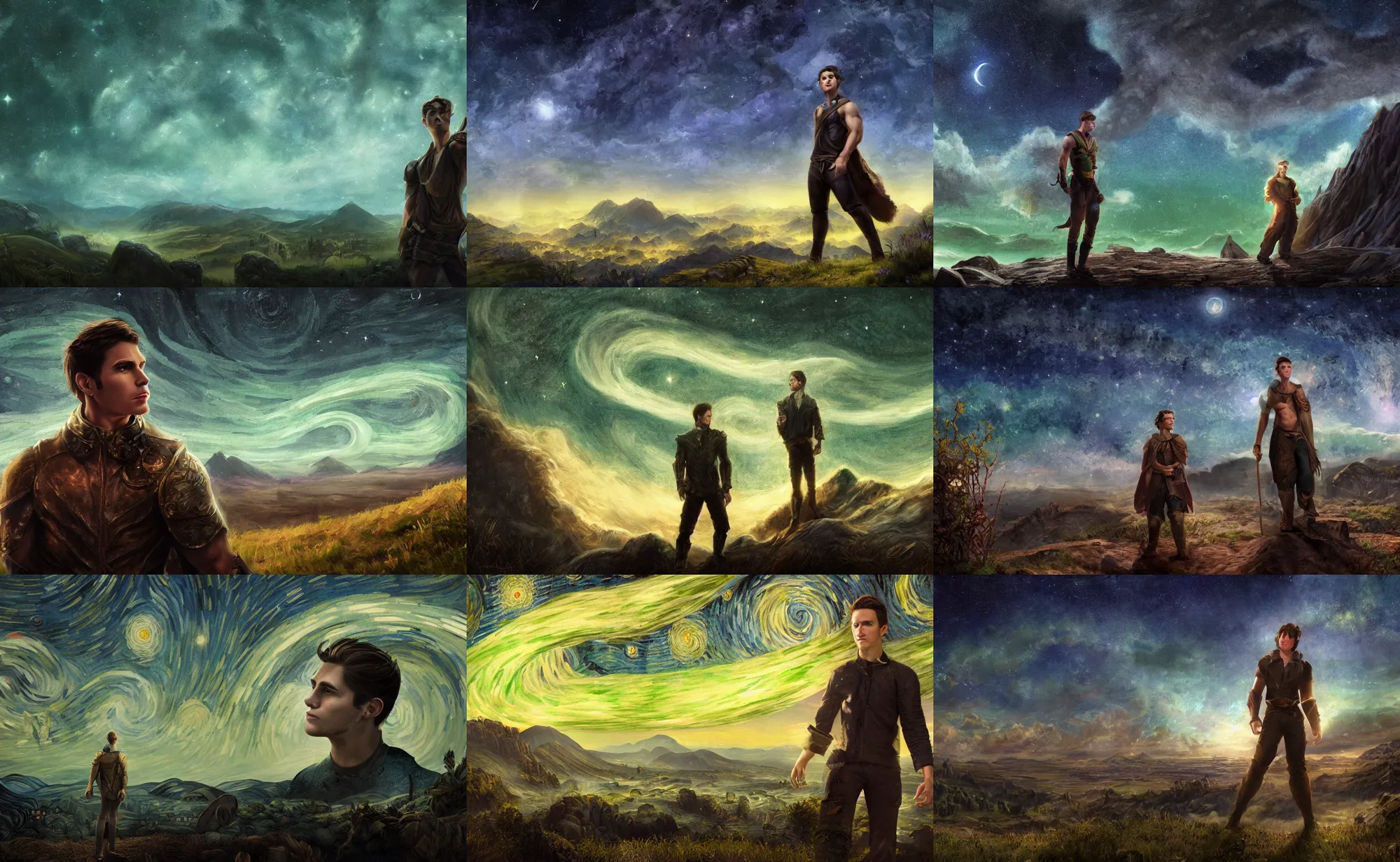 Prompt: epic cinematic artwork of mystic in his twenties, clean shaven with medium brown hair and green eyes, looking up at to the starry night sky as a battle rages on around him by greg rutowski, 4 k, masterpiece, moonlight