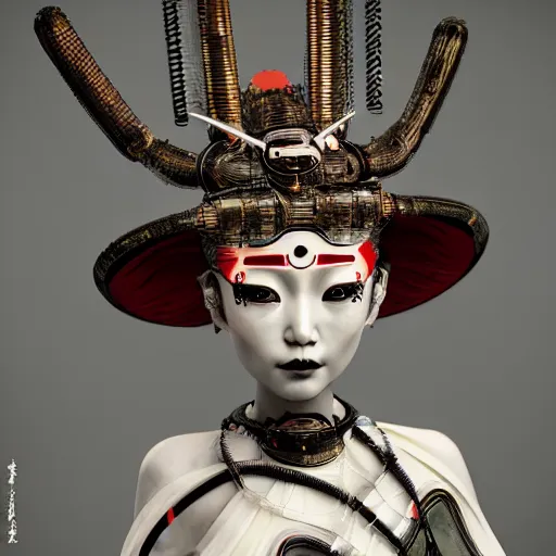 Image similar to japanese cyborg geishas in a ceremony with extremely detailed headdress, inspired by die antwoord beautiful, hand painted textures, cloth physics, deviantart, karol bak, masamune shirow, black and white, beautiful lighting, photorealistic, concept art, perfect render, 3 d render, pixar, 8 k