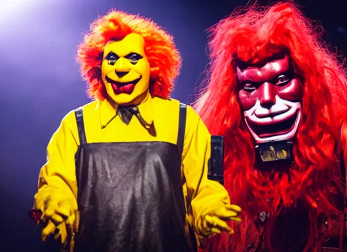 Image similar to publicity photo still of ronald mcdonald wearing a slipknot mask touring with slipknot live on stage, 8 k, live concert lighting, mid shot