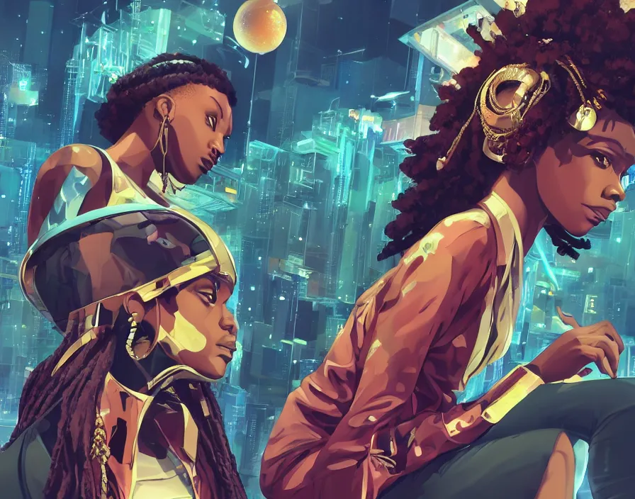 Image similar to afro - futuristic hip hop rappers, urban swagger, fashion and bling, hacking the multiverse of music and entertainment | hyperrealistic digital art | by makoto shinkai, ilya kuvshinov, lois van baarle, ross draws | afro - futurism, in the style of hair love, 4 k, trending on artstation | dark color scheme