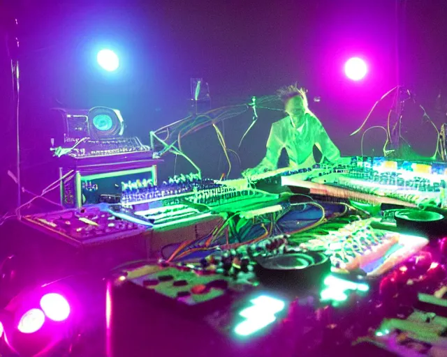 Image similar to wtf an alien buchlacore area51 musician playing a 1970s Modular buchla synthesizer white ufo advanced ui spaceship concert at the underground cave rave