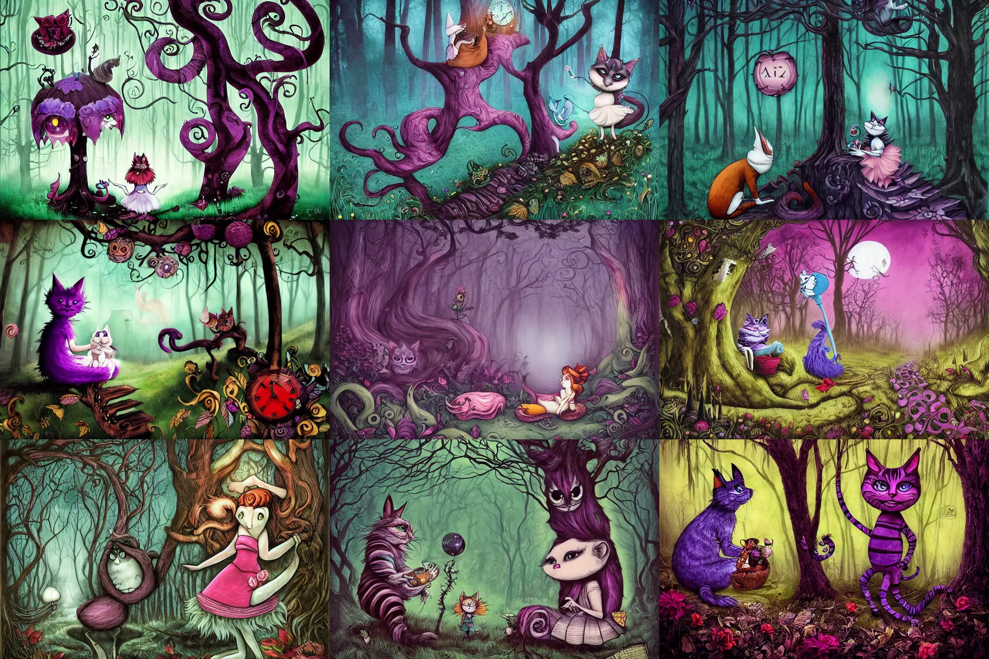 Prompt: Alice meets the Cheshire Cat in the forest, dramatic, art style Megan Duncanson and Benjamin Lacombe, super details, dark dull colors, ornate background, mysterious, eerie, sinister