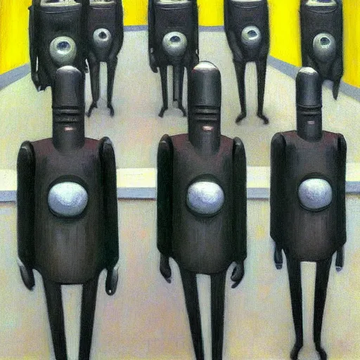 Image similar to robot druids in a grand processional, capital plaza, grant wood, pj crook, edward hopper, oil on canvas