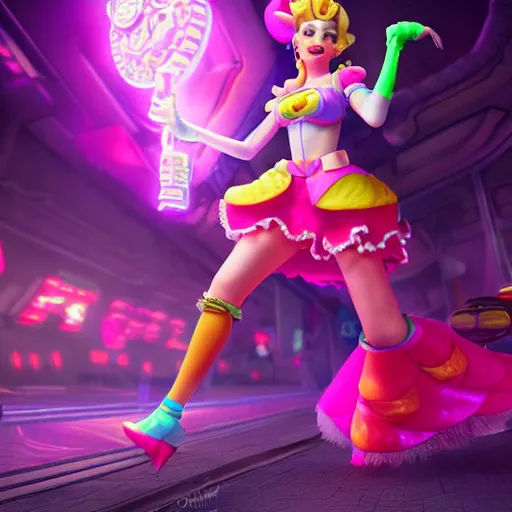 Prompt: Princess peach mixed with jinx from league of legends, dancing, background with neon lighting, raytrayced, octane render, epic composition, intricate details, hyperrealist, by Joe Benitez, WLOP, Alessandro Barbucci, Barbara Canepa