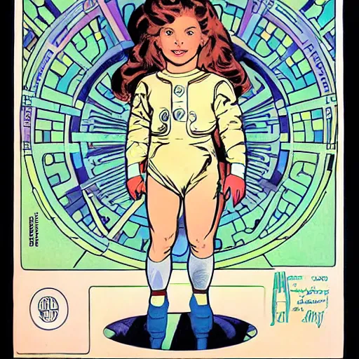 Image similar to a cute little girl with a mischievous face and short brown wavy curly hair. she is dressed as an astronaut. well composed, clean elegant painting, beautiful detailed face. comic book art by steve ditko and jack kirby and ( alphonse mucha )