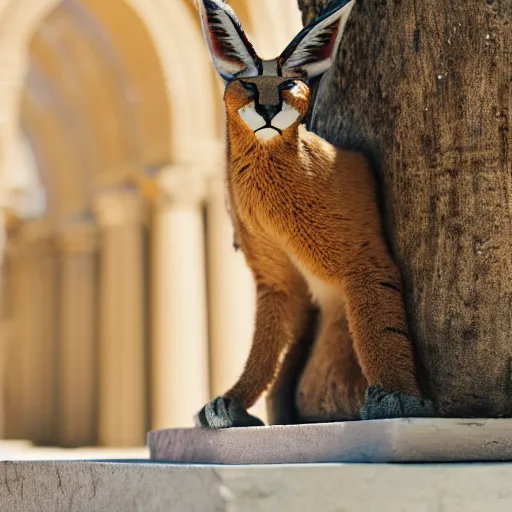 Image similar to a cinematic film still of a claymation stop motion film starring cute caracal, big wooden barrel, ancient greek city, marble temple columns, olive trees, shallow depth of field, 8 0 mm, f 1. 8