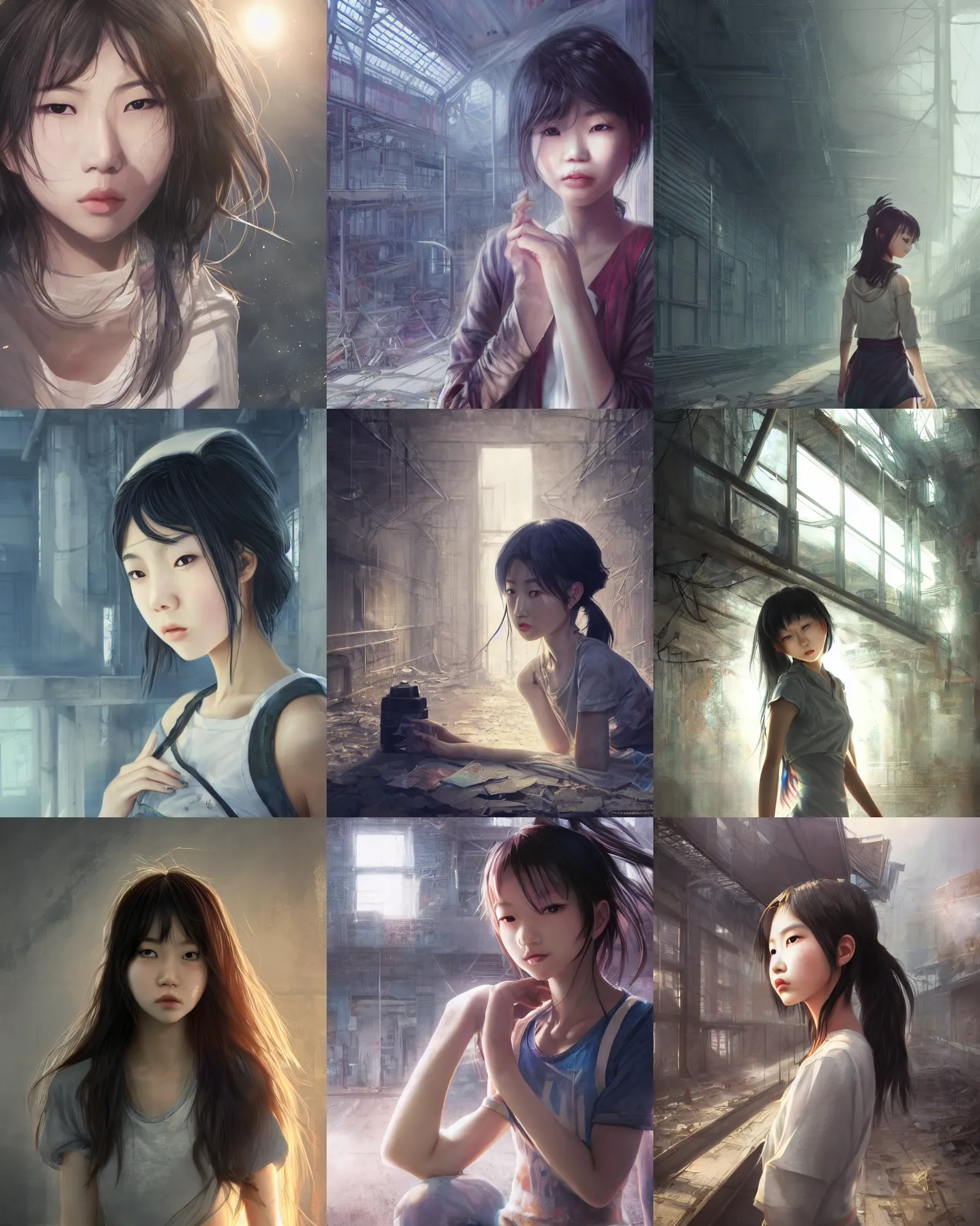 Prompt: photo of an asian girl in an abandoned industrial city, beautiful face, raytracing, dreamy, perfect, aura of light, pure, glow, insanely detailed, artstation, innocent look, art by gauthier leblanc, kazuya takahashi, huifeng huang