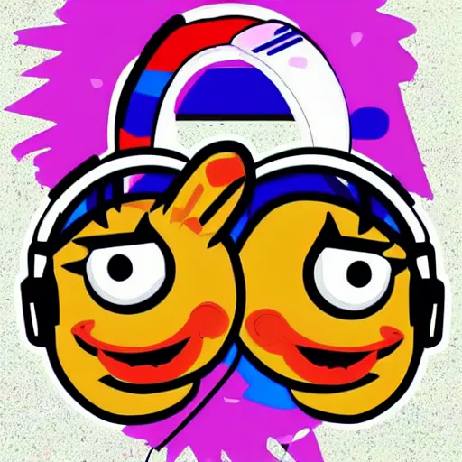 Image similar to svg sticker of a Pop-Wonder Bert&Ernie, Sesame-Street, at a rave, spinning records, giant headphones rocking out, wearing headphones, huge speakers, dancing, rave, DJ, spinning records, digital art, amazing composition, rule-of-thirds, award-winning, trending on artstation, featured on deviantart