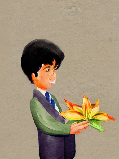 Image similar to water color painting, artwork by saul leiter, of a solo individual portrait of an indian guy holding lilies, dapper, simple illustration, domestic, nostalgic, full of details, matte painting, trending on artstation and unreal engine