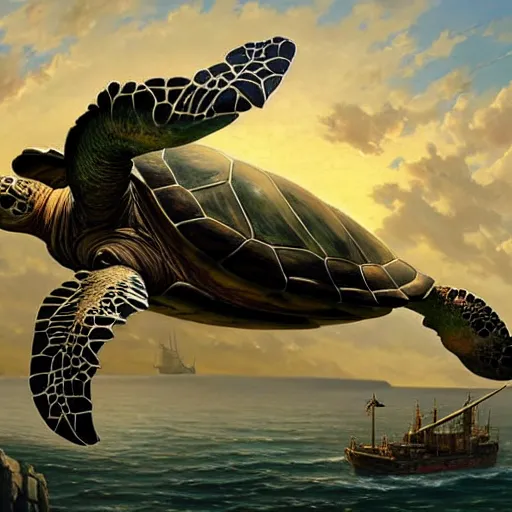 Image similar to realistic large turtle lying on fantasy ship top deck, naval background, wide angle shot, highly detailed, D&D, magic the gathering, fantasy, digital painting, artstation, concept art, smooth, sharp focus, illustration, art by artgerm and greg rutkowski and alphonse mucha