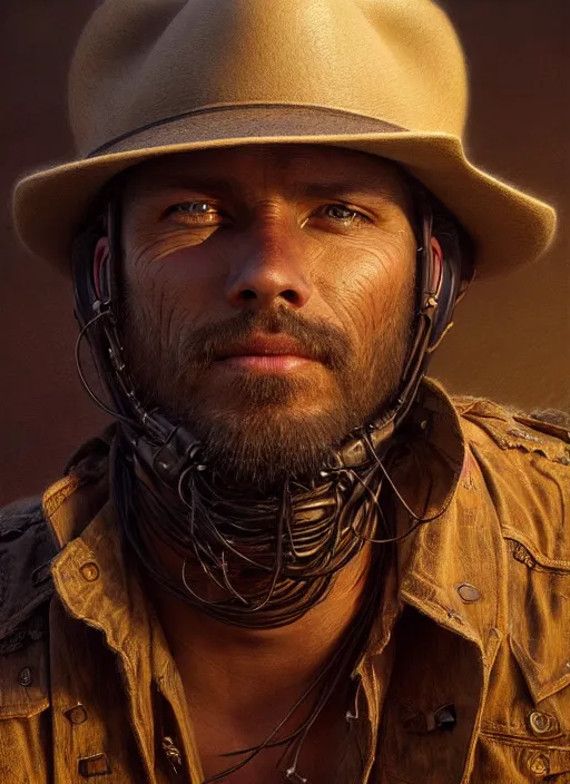 Prompt: closeup portrait shot of a cowboy in a scenic dystopian environment, intricate, elegant, highly detailed, centered, digital painting, artstation, backlit, concept art, smooth, sharp focus, illustration, artgerm, tomasz alen kopera, peter mohrbacher, donato giancola, joseph christian leyendecker, wlop, boris vallejo