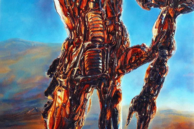 Prompt: oil painting, long view, hight detailed, melting cyborg near giant glass cube in the desert, in style of 80s sci-fi art, neodada