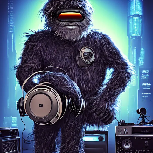 Image similar to a portrait of an anthropomorphic cyberpunk yeti in a motorcycle helmet, detailed render, tape deck, boombox, headphones, epic composition, cybernetics, 4 k realistic, cryengine, realistic shaded lighting, sharp focus, masterpiece, by matteo scalera, gary montalbano, peter elson in the style of the tokyo ghost comic