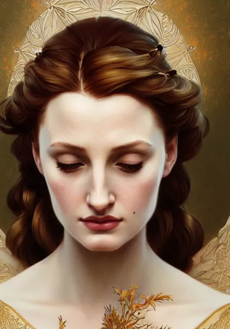 Image similar to sansa angeline jolie gessica chastain, intricate, elegant, highly detailed, digital painting, artstation, concept art, smooth, sharp focus, illustration, art by artgerm and greg rutkowski and alphonse mucha and william - adolphe bouguereau