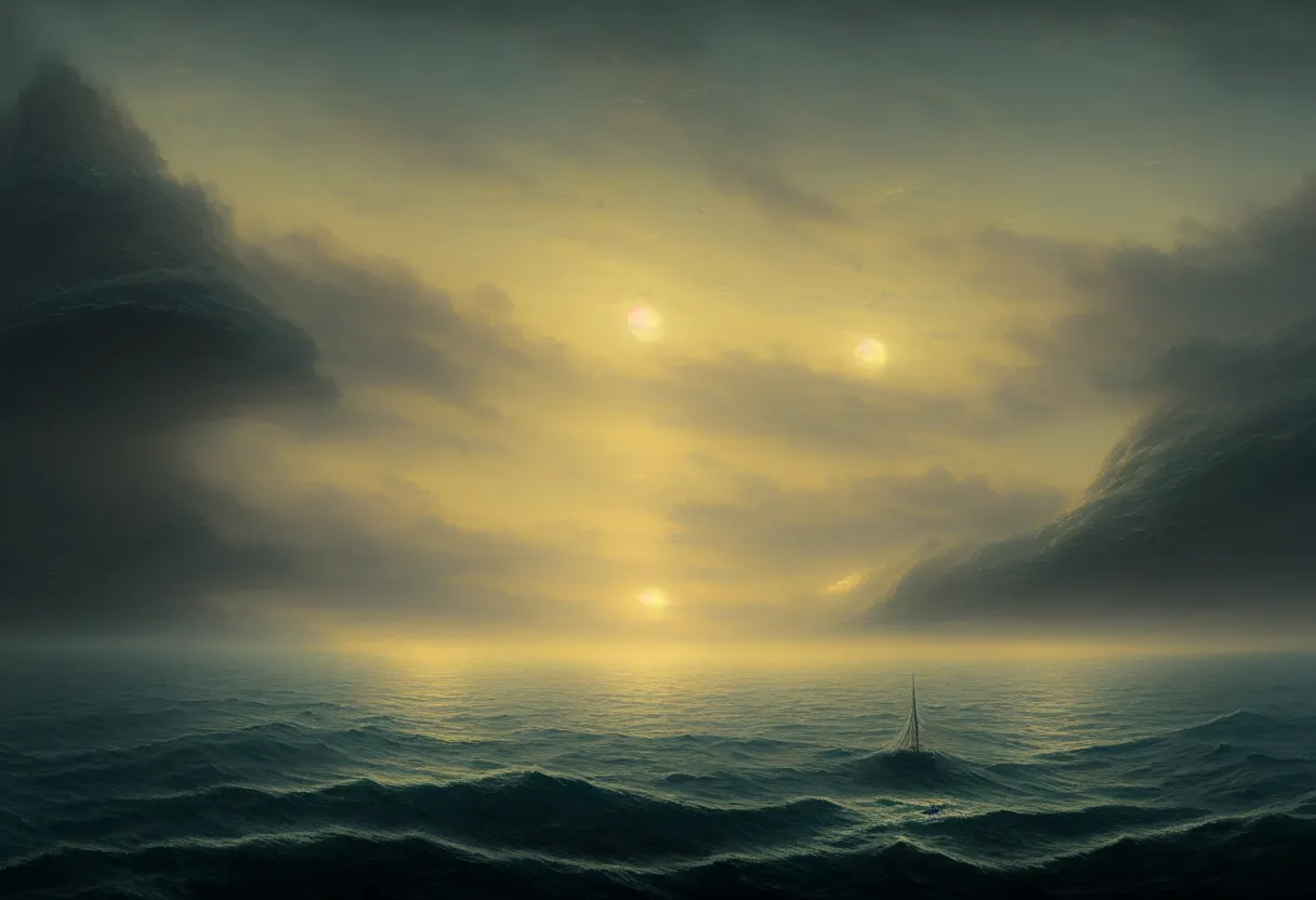 Image similar to strange sea surface of autumn planet at sunset, sailing ship on horizon, ultra high definition, ultra detailed, symmetry, fog, matte painting, by greg rutkowski and ross tran and wlop