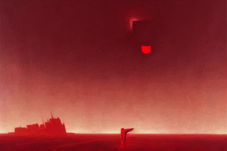 Prompt: only with red, a red god of death eat apple, a futuristic city on mars in background, an ancient path, pathos, in the style of beksinski, part by hopper, part by rodcenko, part by hofbauer, intricate composition, red by caravaggio, insanely quality, highly detailed, masterpiece, red light, artstation, 8 k