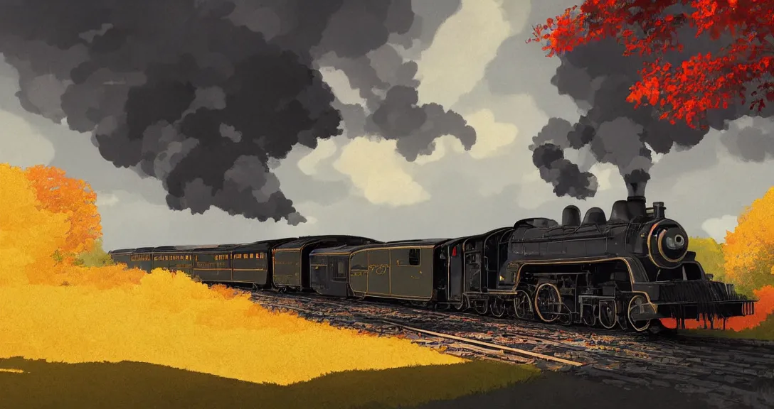 Image similar to side close - up view of a steam train, autumn light, smoke, beautiful, by studio ghibli, by tomono yoshiyuki, digital art, concept art, smooth, sharp focus, illustration