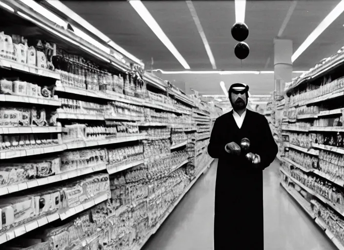 Prompt: an Arab man in traditional dress standing in a supermarket aisle and holding a black helium balloon on a string while starring directly at the camera menacingly, directed by Stanley Kubrick, 4k, high definition cinematography