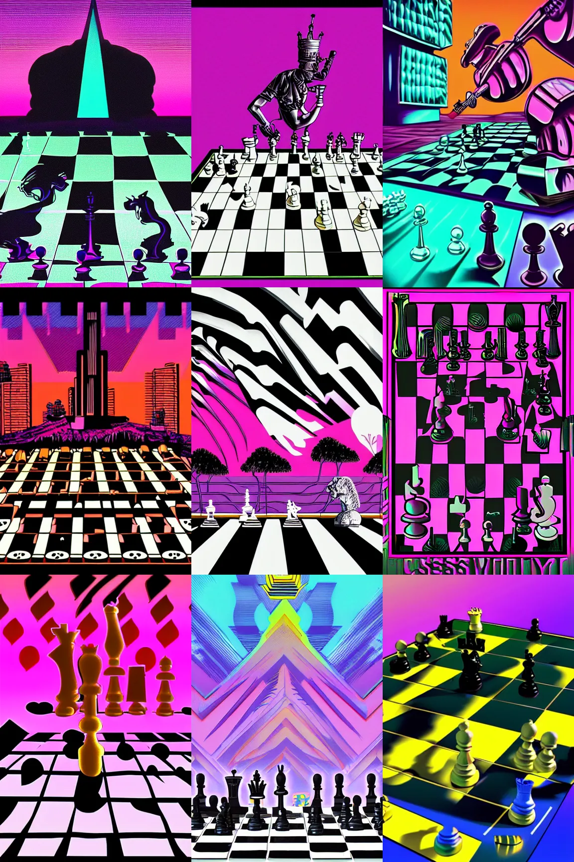 Prompt: surreal chess, extreme detail, 80s style synthwave, matte colors, lofi