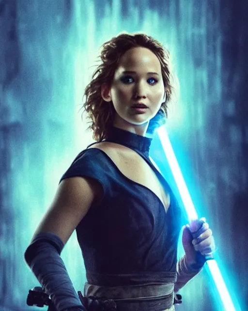 Prompt: jennifer lawrence as a jedi, battle scared with ripped clothes, holding up a blue lightsaber, very dark background, official new star wars episode xi movie poster from lucas arts, perfect symmetrical face, moody lighting, 8 k, shallow depth of field, intricate detail,