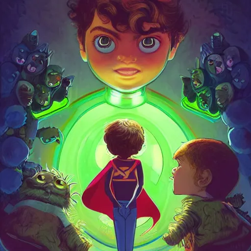 Prompt: a young man and woman with short wavy brown hair and glowing green eyes as a super hero duo, pixar cute, highly detailed, sharp focus, neon color, digital painting, artwork by Jeremiah Ketner + Mati Klarwein + Fintan Magee + Chris Mars, background artwork by greg rutkowski