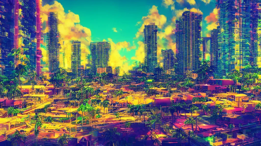 Prompt: golden city in a vaporwave jungle, 4k, ultra realistic, colorful, award winning photograph