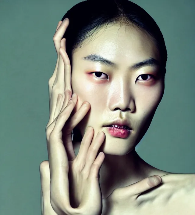 Prompt: photography facial portrait of liu wen, natural background, sensual lighting, natural fragile pose, wearing stunning cloth creation by iris van herpen, with a colorfull makeup. highly detailed, skin grain detail, photography by paolo roversi, nick knight, helmut newton, avedon, araki