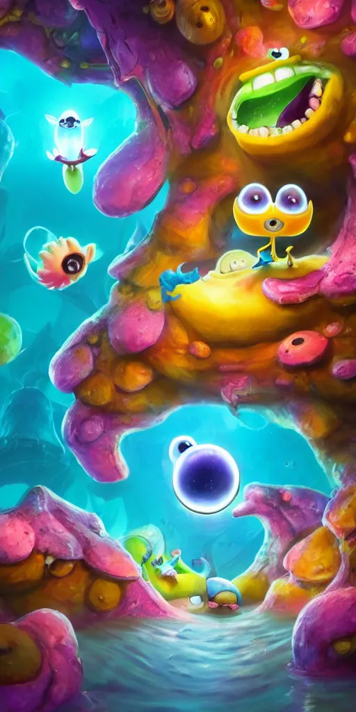 Image similar to rayman and ori in a colorful deep sea cave with strange cute friendly happy creatures with huge eyes, mouth, long tongue and round teeth appearing from sandy coral, in the style of gehry and gaudi, macro lens, shallow depth of field, ultra detailed, digital painting, trending artstation, concept art, illustration, cinematic lighting, photorealism, epic, octane render