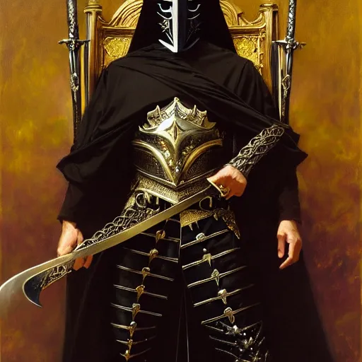 Image similar to full body portrait of masked king in black gothic robes sitting on a throne of swords, elegant, highly detailed painting by gaston bussiere, craig mullins, j. c. leyendecker, 8 k, mid shot