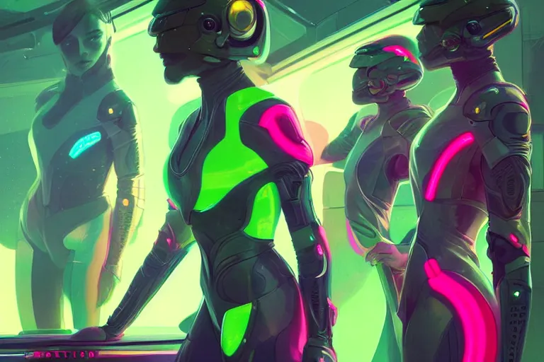 Image similar to Good looking young women wearing neon coloured armour suits in a space station, elegant, intricate, retrofuturistic digital painting, artstation, concept art, smooth, sharp focus, illustration, art by artgerm and greg rutkowski and alphonse mucha