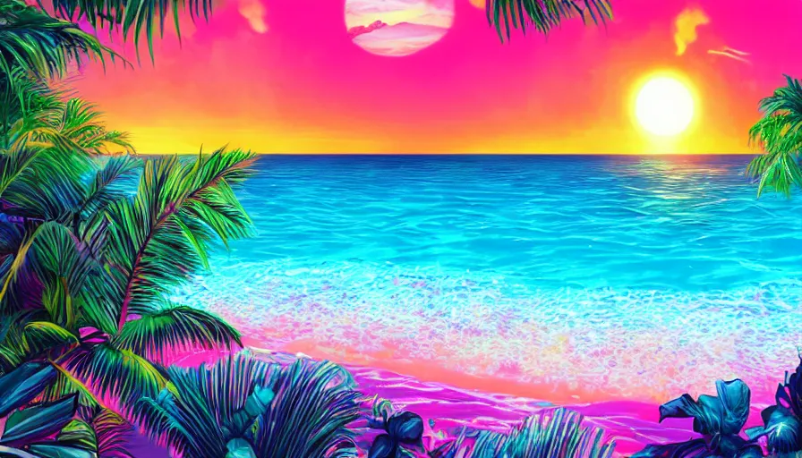 Prompt: a tropical beach, epic retrowave art, trending on art station