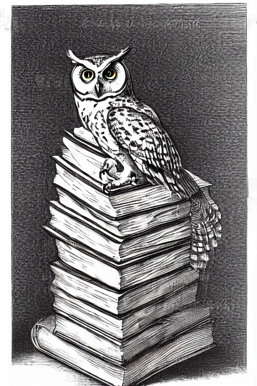 Image similar to owl perched on a stack of books, art by albrecht durer, woodblock print, black and white, vector, vector art