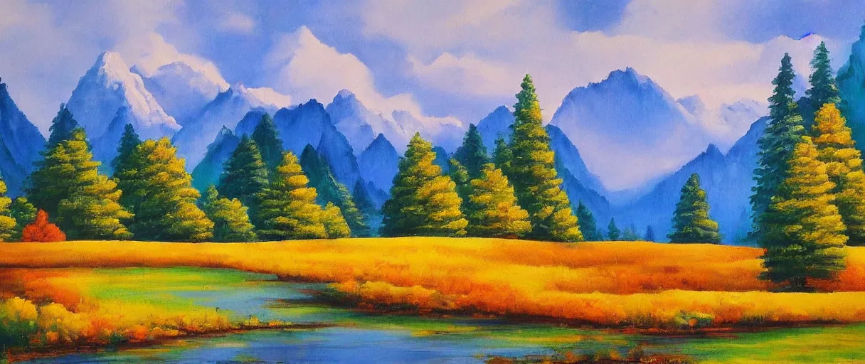 Prompt: a beautiful unique landscape painting influenced by bob ross.