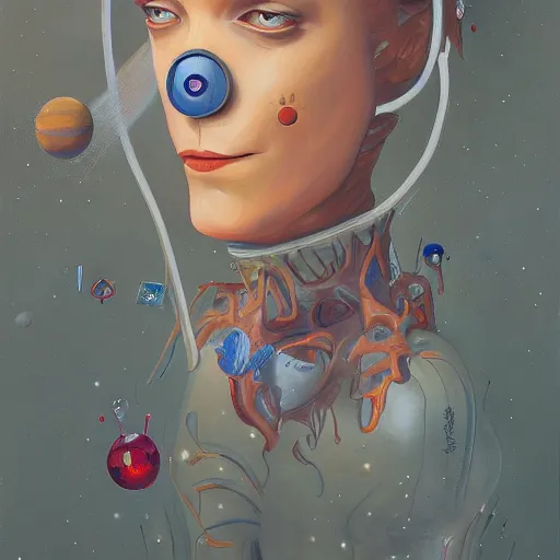 Image similar to oil painting of a humanoid lady lost in space, james jean