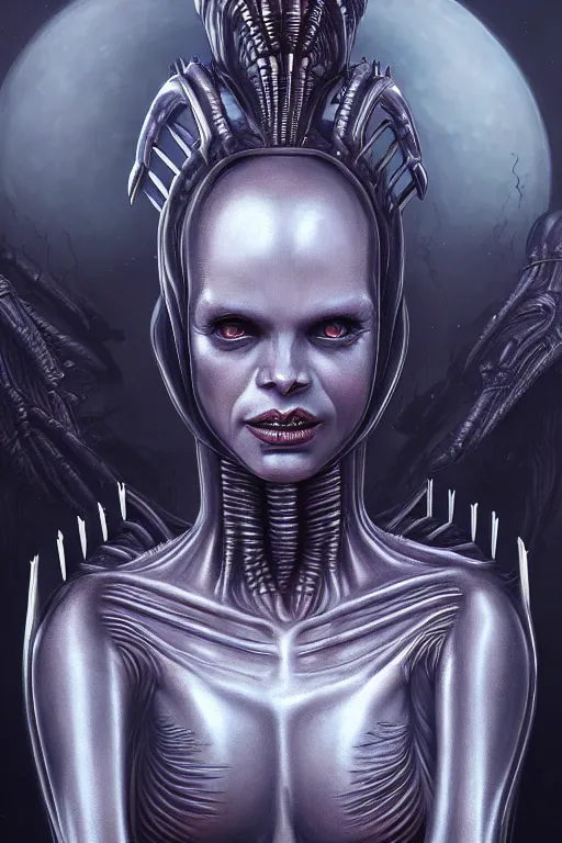 Image similar to Alien Queen full length portrait, evening, detailed matte painting, Giger, Artstation