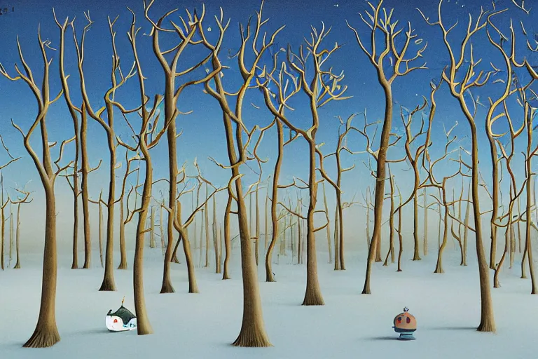 Image similar to A surreal winter forest landscape with barren trees by Chiho Aoshima and Salvador Dali